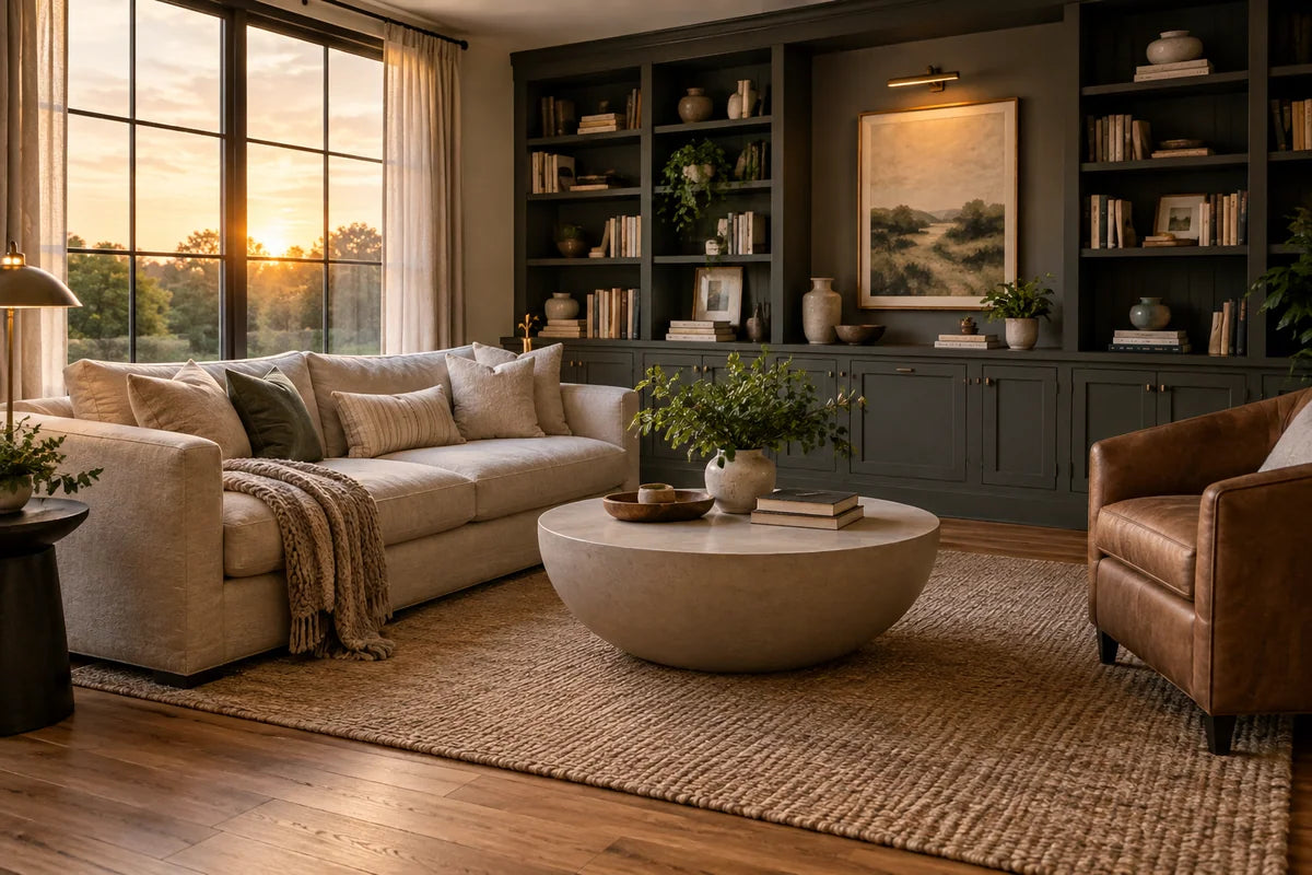 Reading room with honey oak flooring and an oatmeal sofa