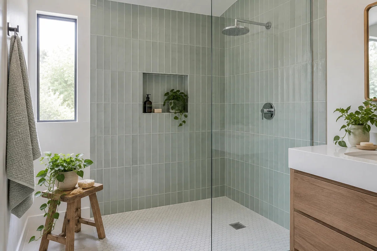 Seafoam tiled shower with a chrome fixture and glass screen