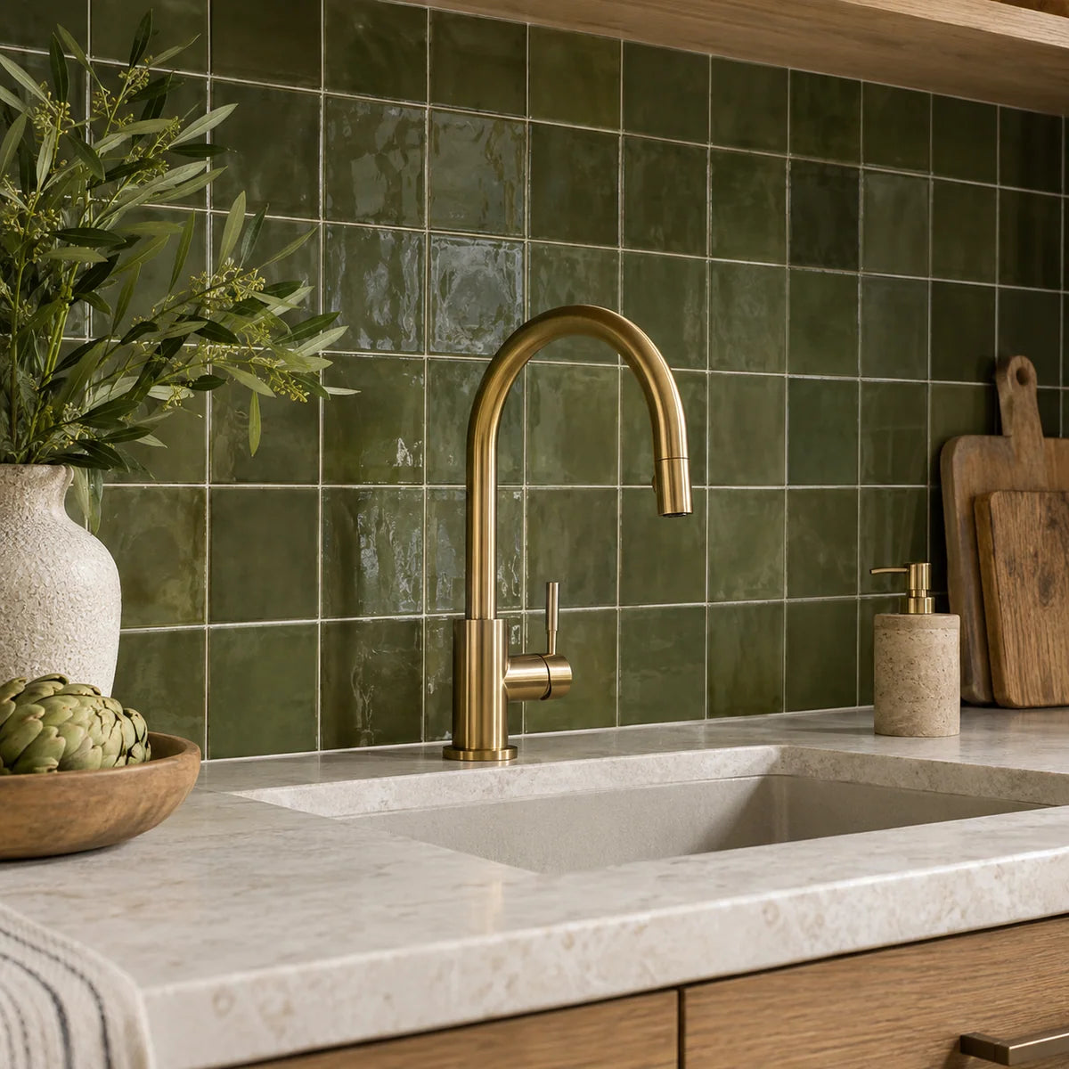 Olive green backsplash with a brass faucet and pale stone counter