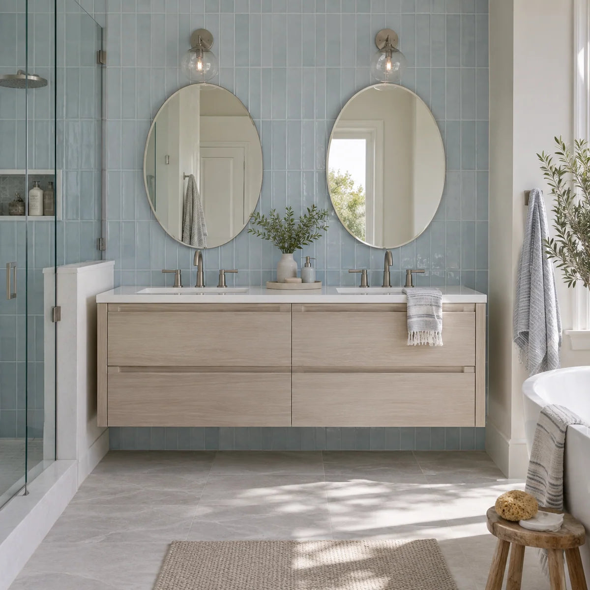 Pale wood double vanity against a misty blue tile wall