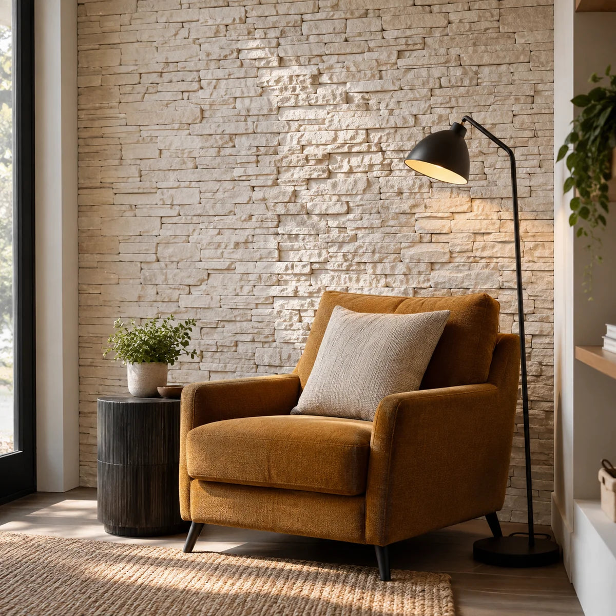 Stacked-stone feature wall beside an ochre reading chair