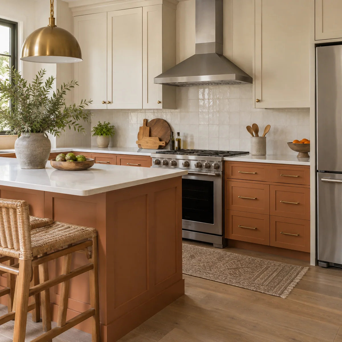 Terracotta and cream kitchen cabinetry with stainless appliances
