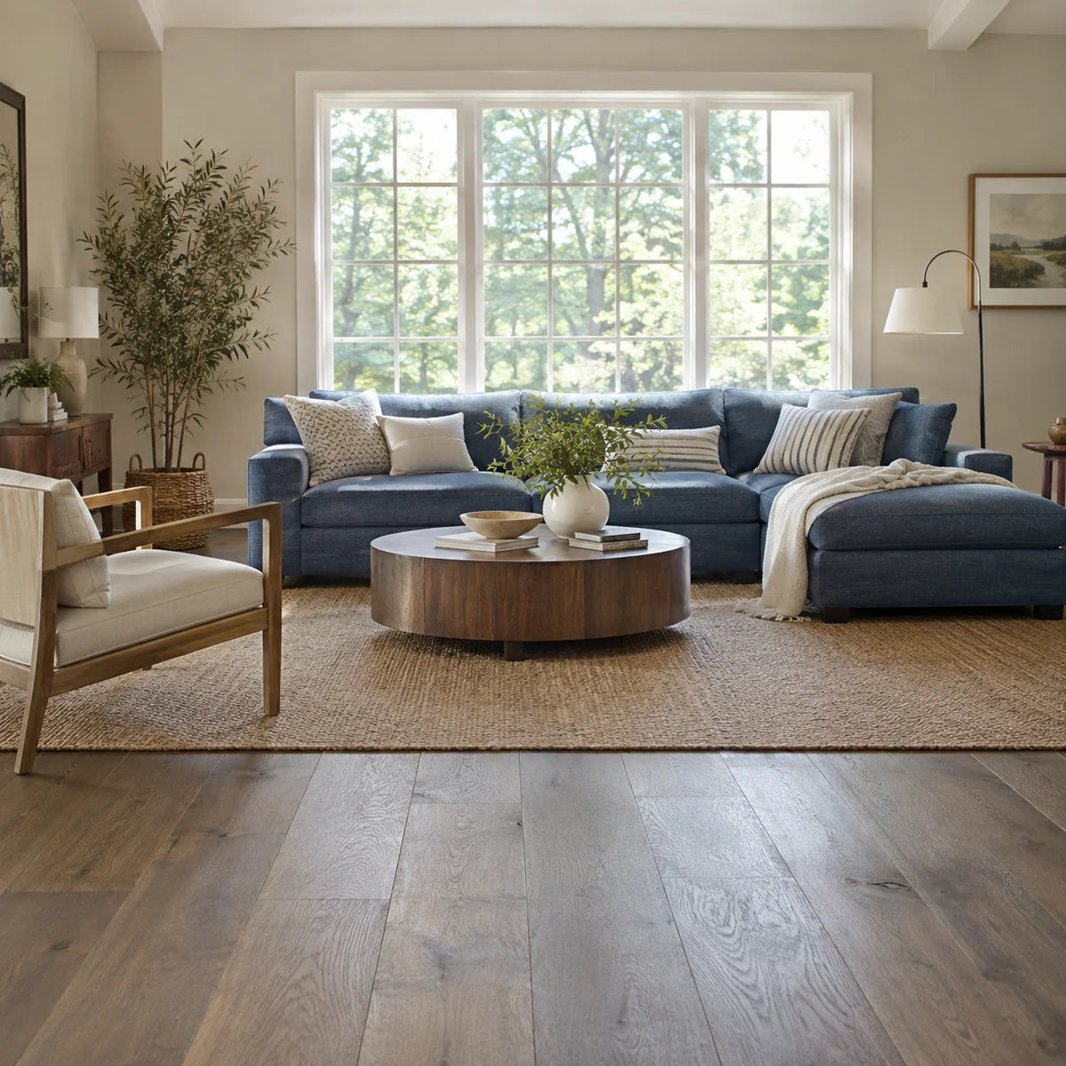 Blue sofa and smoked oak floor in a comfortable living room
