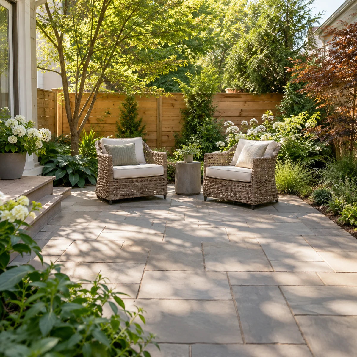 Stone-paved backyard patio with woven chairs and planted borders