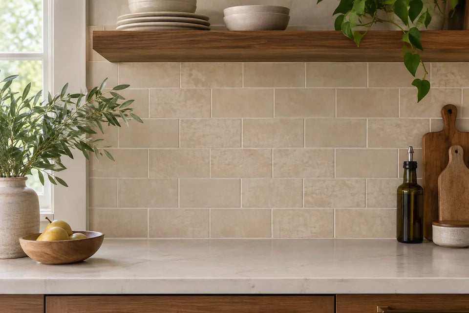 Beige tile in a backsplash material detail