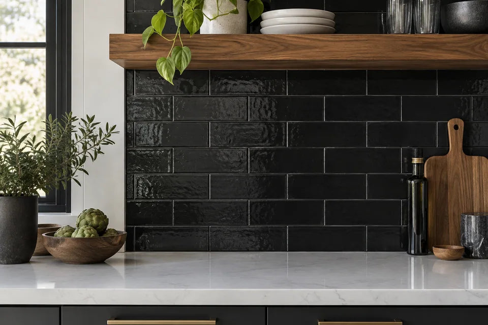 Black tile in a backsplash material detail