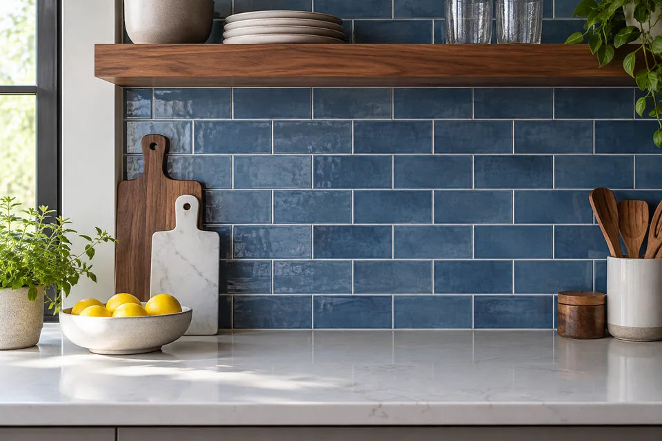 Blue tile in a backsplash material detail