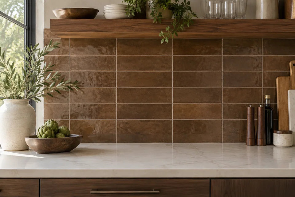 Brown tile in a backsplash material detail