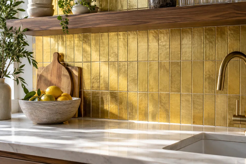 Gold tile in a backsplash material detail