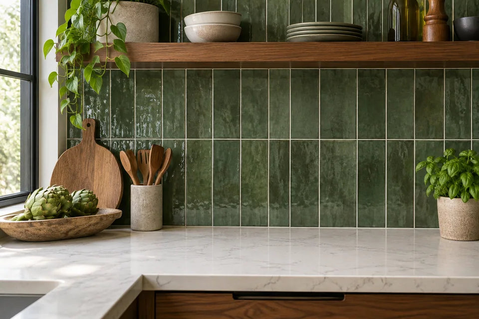 Green tile in a backsplash material detail