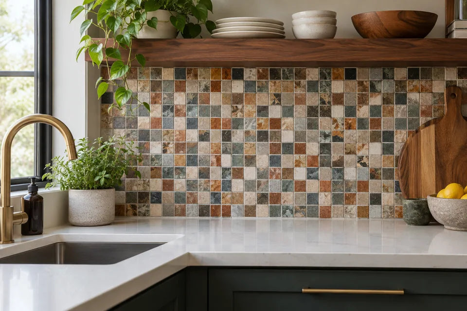 Multicolor tile in a backsplash material detail