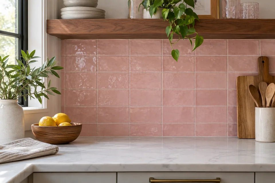 Pink tile in a backsplash material detail