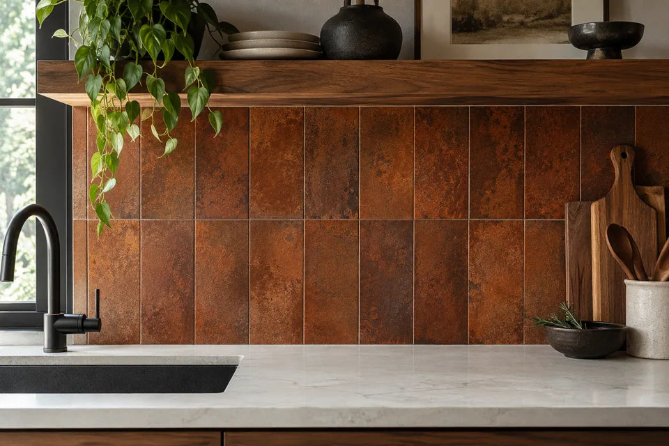 Rust tile in a backsplash material detail