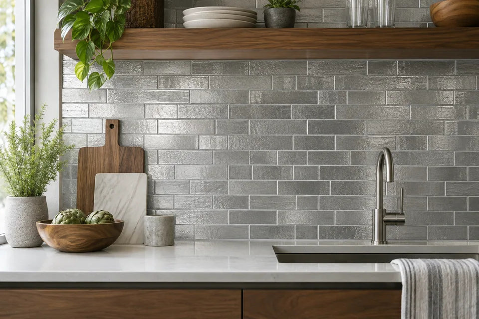 Silver tile in a backsplash material detail