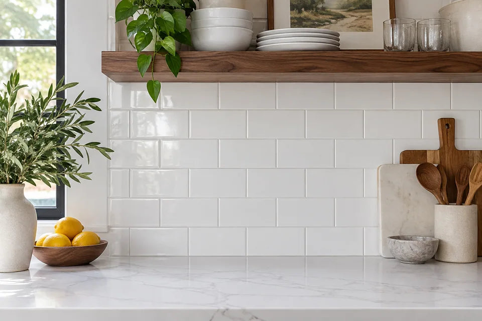 White tile in a backsplash material detail