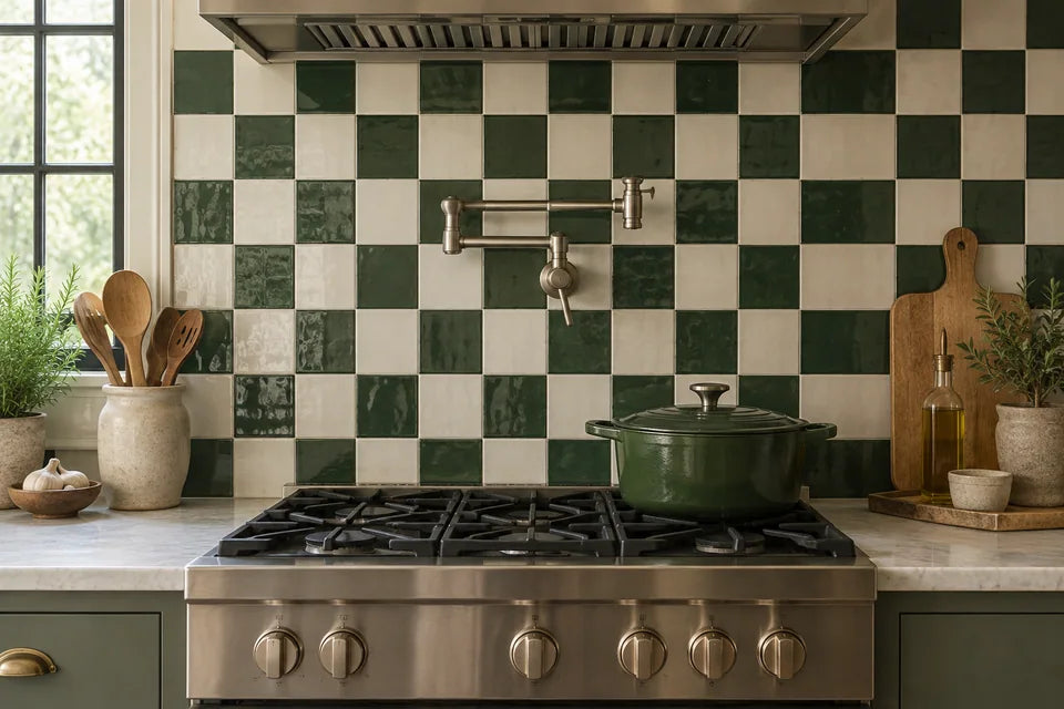 Close architectural view of a cream and deep green checkerboard ceramic backsplash behind a brushed nickel pot filler and understated range