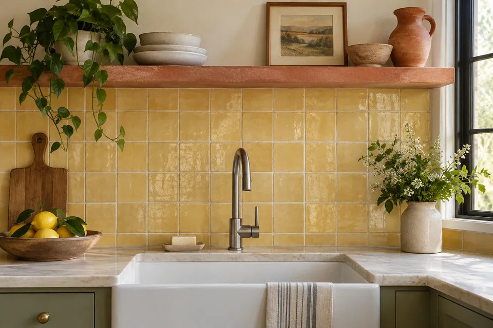 Butter-yellow handmade-look tile backsplash with a terracotta shelf and brushed chrome faucet