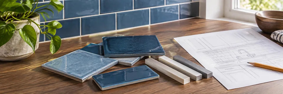 Grout sticks and blue tile samples on a walnut counter beside a pencil sketch