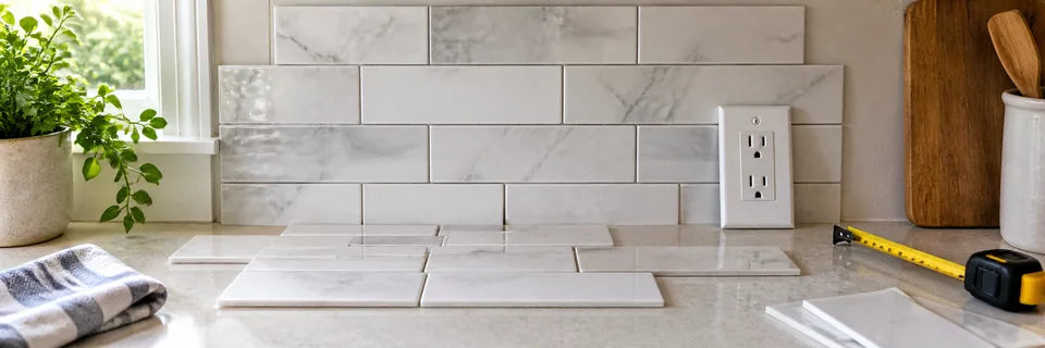 Close view of a backsplash tile layout on a dry counter with a ruler and outlet faceplate