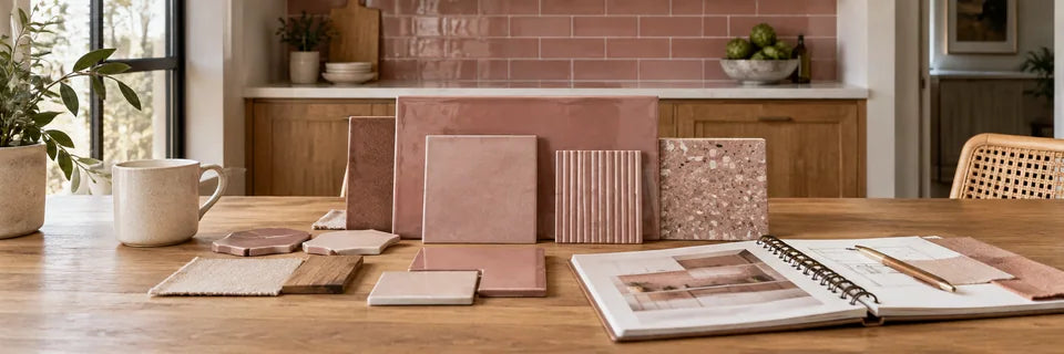 Dusty rose backsplash finish samples and a project notebook arranged across a long oak consultation table