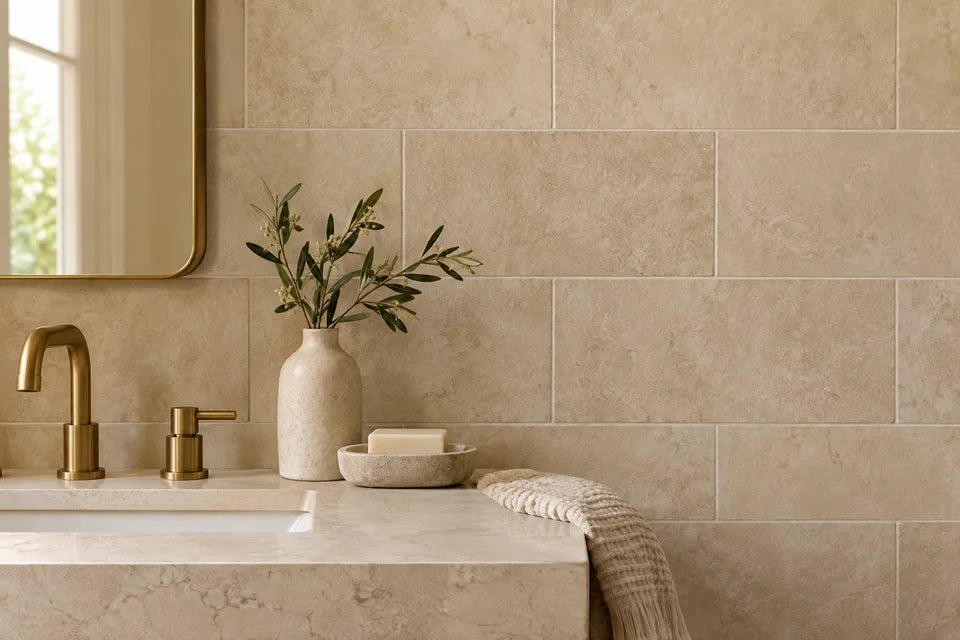 Beige tile in a bathroom material detail