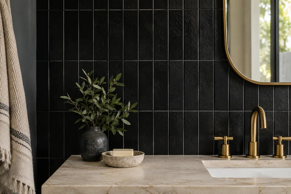 Black tile in a bathroom material detail
