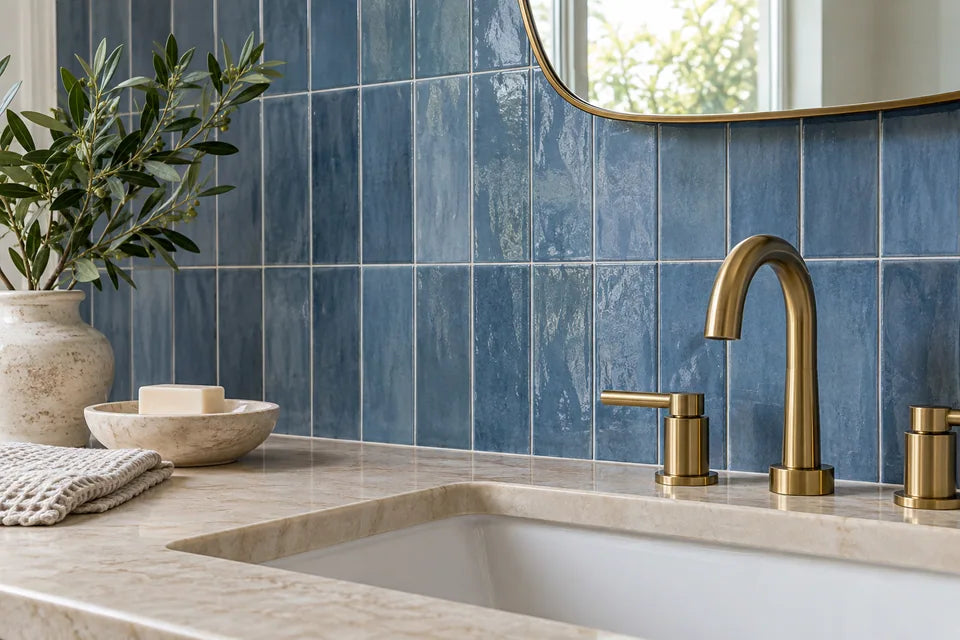 Blue tile in a bathroom material detail