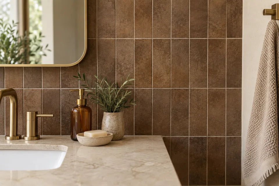 Brown tile in a bathroom material detail