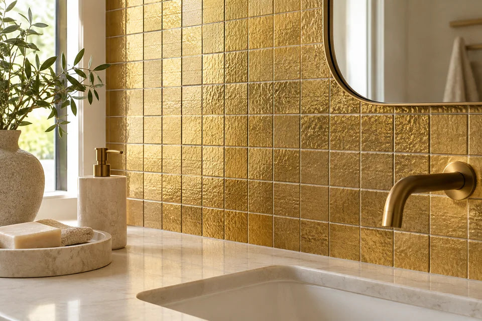 Gold tile in a bathroom material detail