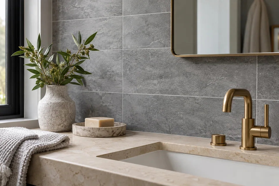 Gray tile in a bathroom material detail