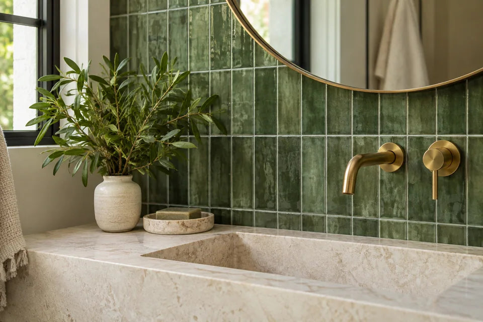Green tile in a bathroom material detail