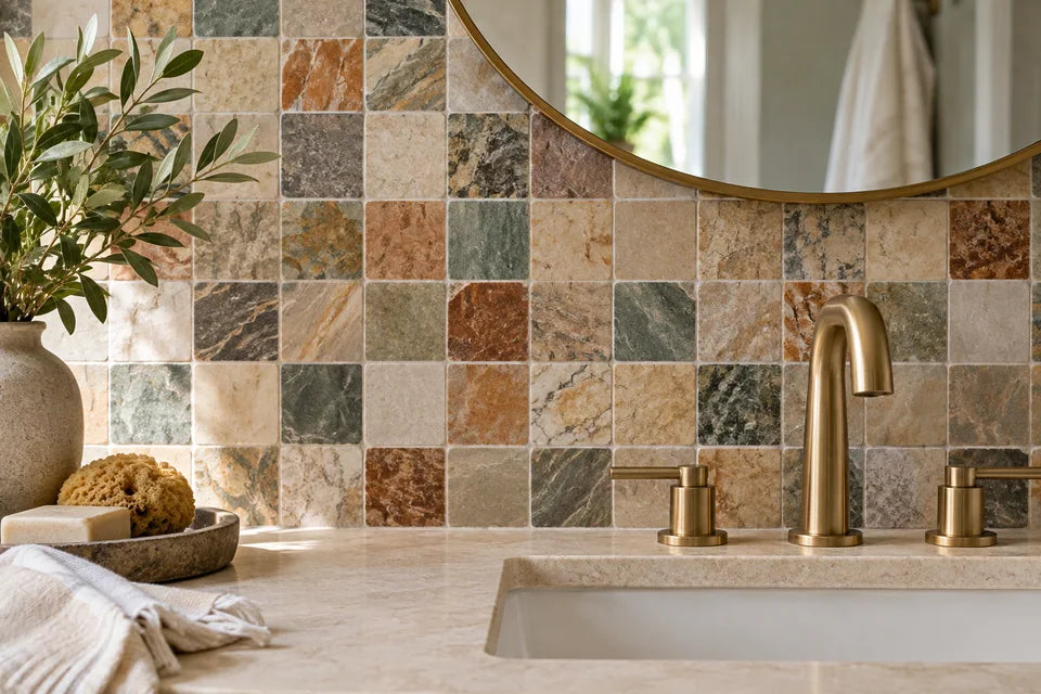 Multicolor tile in a bathroom material detail