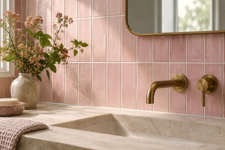 Pink tile in a bathroom material detail
