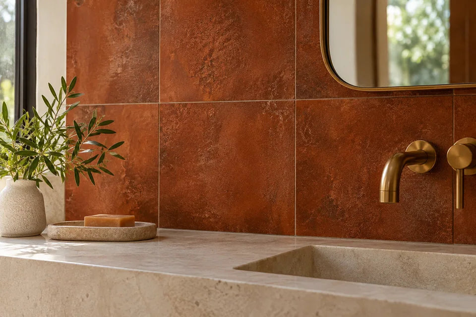 Rust tile in a bathroom material detail