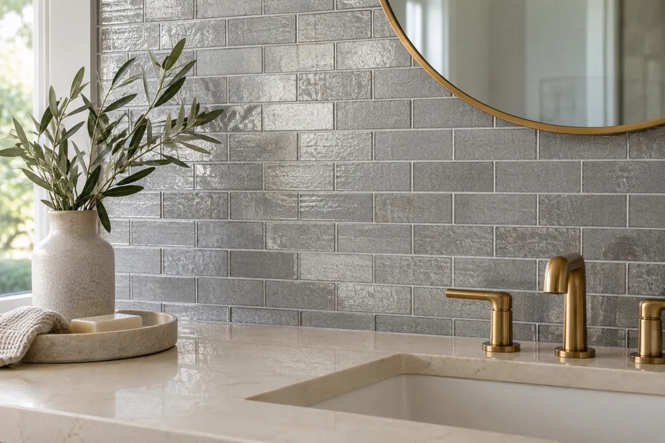 Silver tile in a bathroom material detail