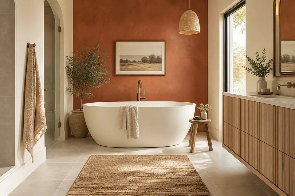 Airy bathroom with an ivory freestanding tub, fluted light oak vanity, cream porcelain floor and one terracotta plaster wall