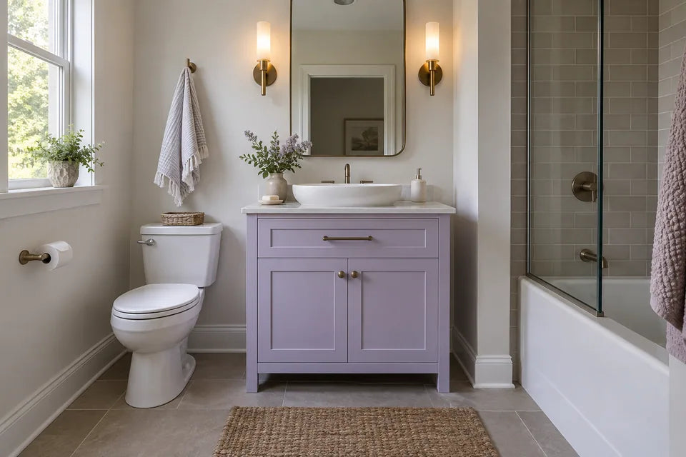 Compact bathroom with a pale lavender vanity, off-white oval basin, narrow mirror and warm gray floor tile