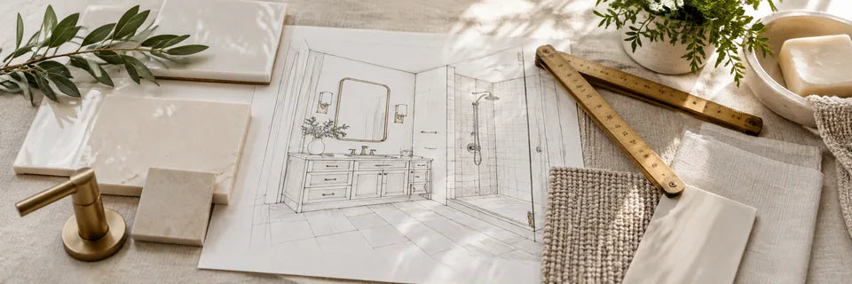 Bathroom sketch and a folding ruler with pale ceramic and brushed brass samples on linen
