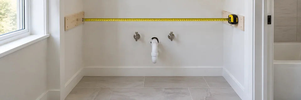 Tape measure across an empty vanity alcove showing the plumbing location and a pale tiled floor
