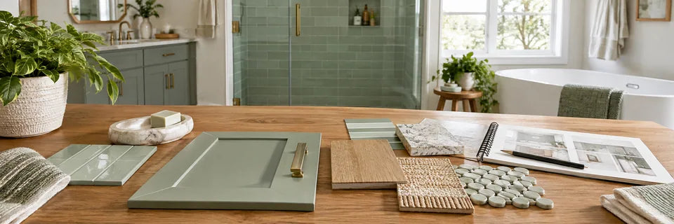 Pale green bathroom finish samples and a project notebook arranged across a long oak consultation table