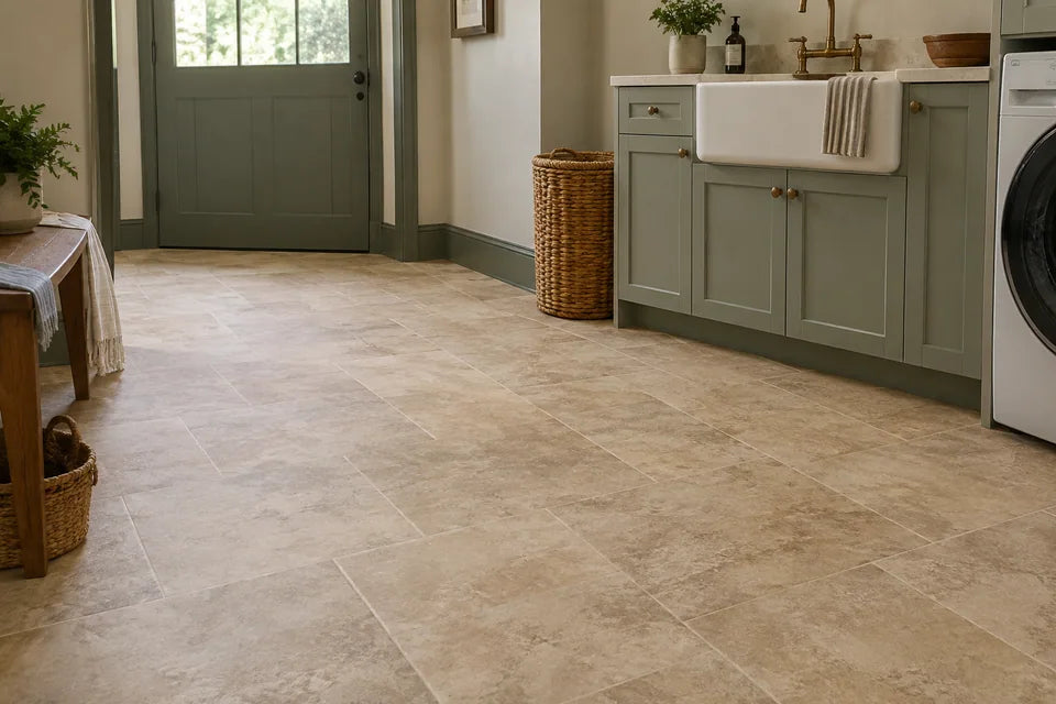 Warm beige stone-look vinyl tile in a utility room with muted green trim