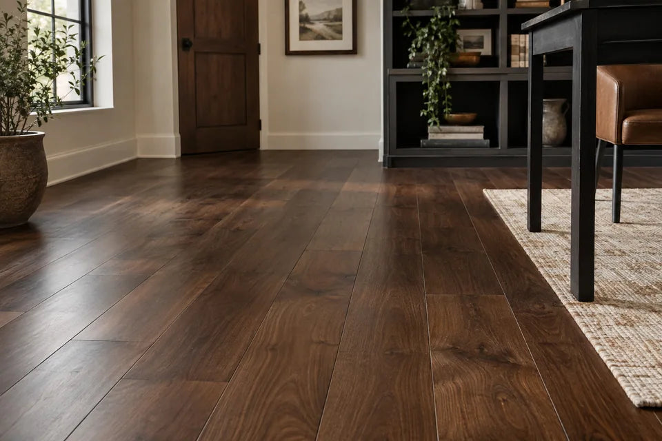 Rich brown walnut-tone flooring in a home office with a black desk leg at the edge