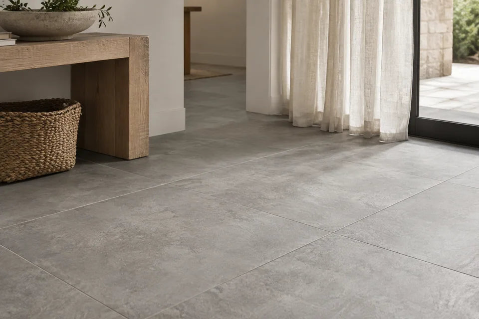 Soft gray concrete-look floor tile detail beside a pale linen curtain