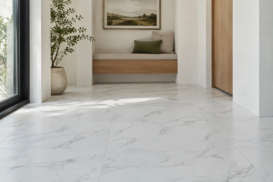 White marble-look floor tile with subtle gray veining in a minimal alcove
