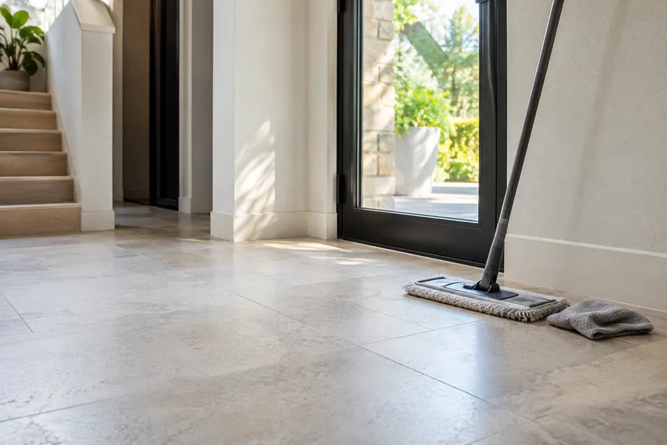 dry microfiber mop and soft cloth beside a clear glass door on a clean neutral floor