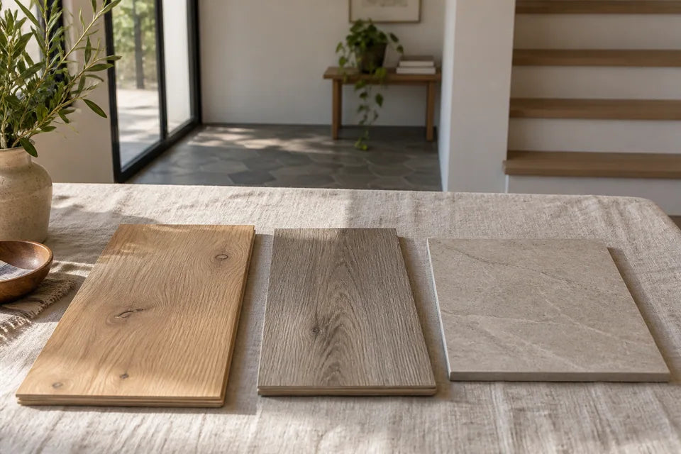 oak plank, a wood-look vinyl plank and a porcelain tile sample arranged separately on linen for comparison