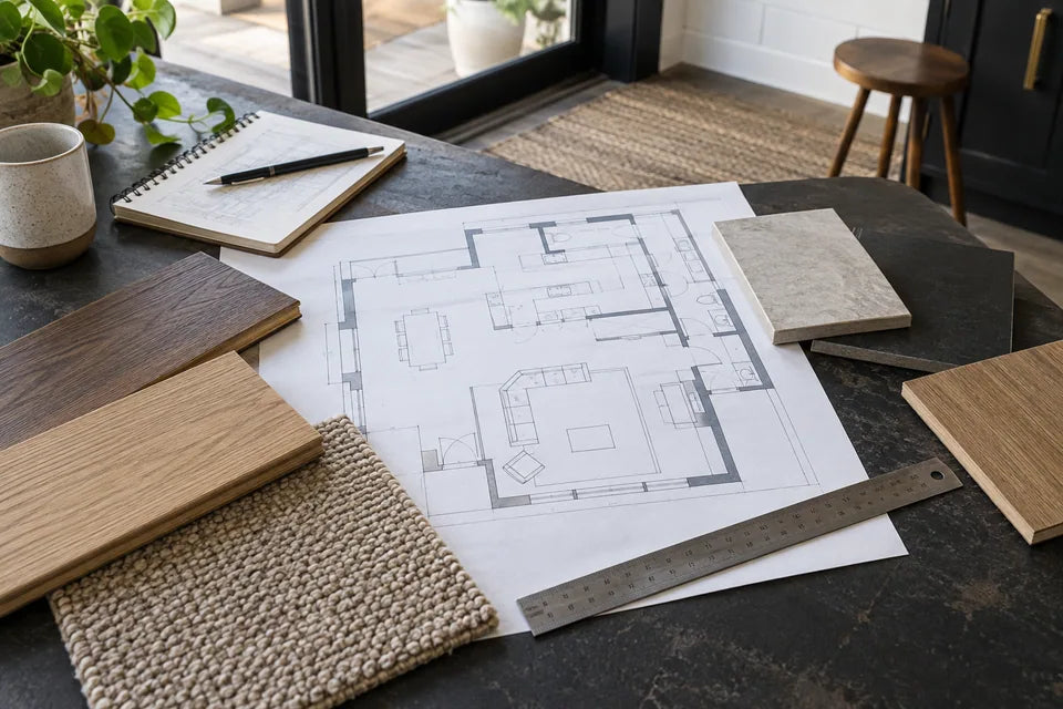 measured floor plan, metal ruler, notebook and small flooring samples arranged on a dark project table
