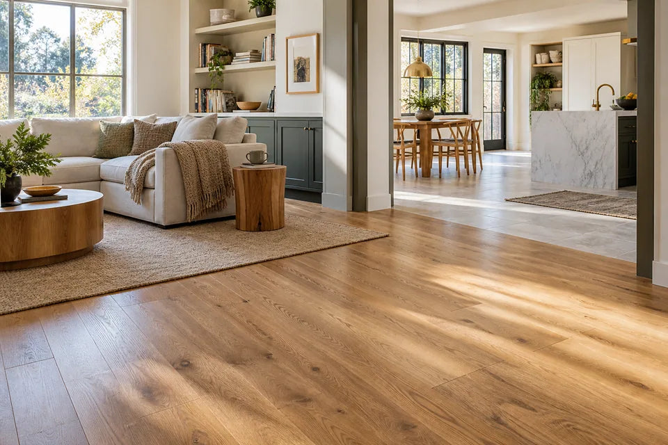 sunlit open-plan home with honey oak living-room flooring meeting pale stone-look kitchen tile at a clean doorway transition