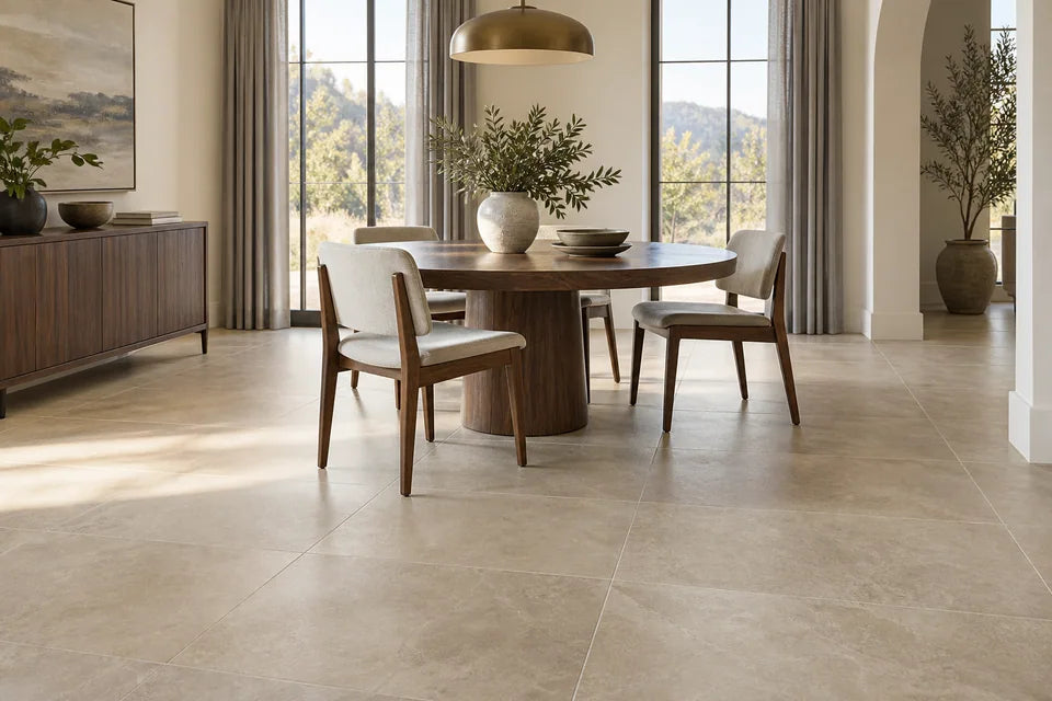 light dining room with a round walnut table, gray curtains and broad sand-colored tile floor