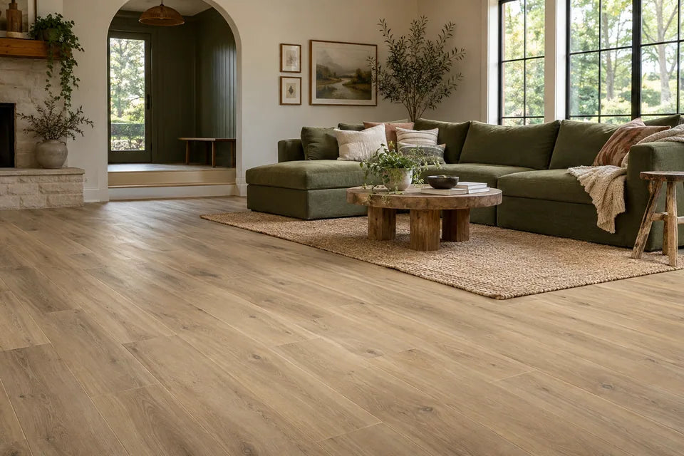 inviting family room with a moss green sofa and blonde wood-look vinyl plank floor